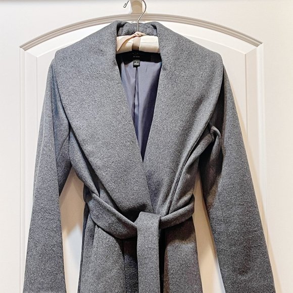 Ann Taylor Coat Factory Petite Small PS Gray Wool Blend Shawl Wrap Belted Coat - Picture 3 of 5